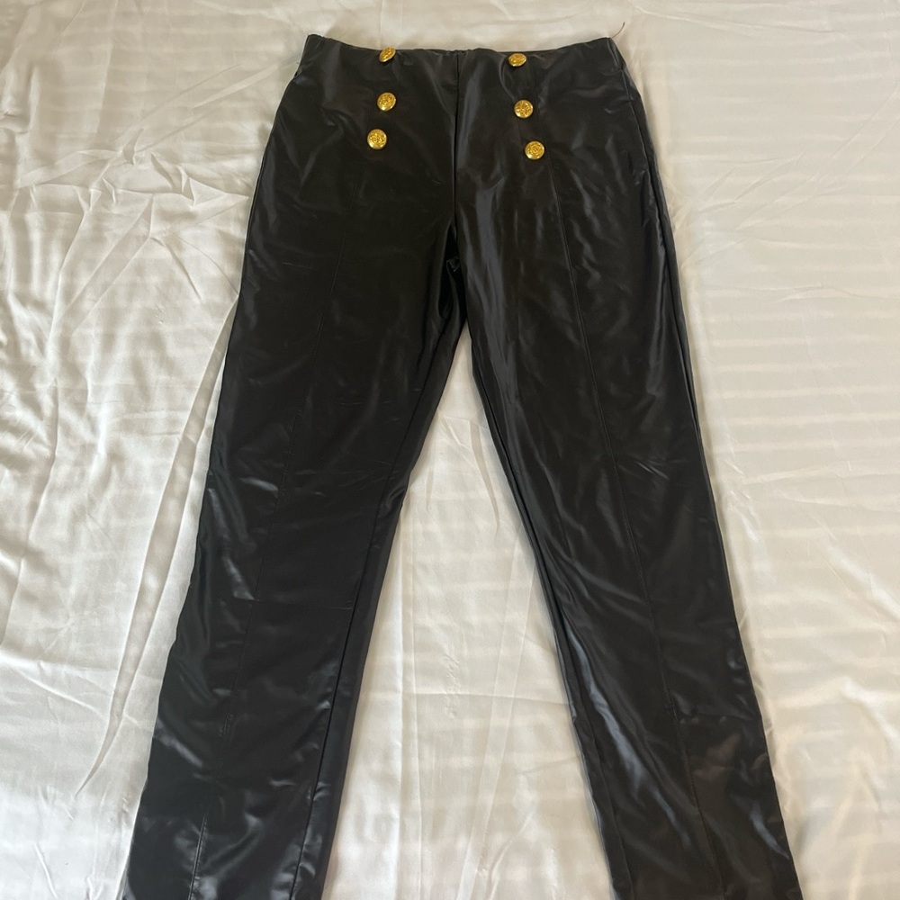 Love J Black Faux Leather Pants with Gold Accents